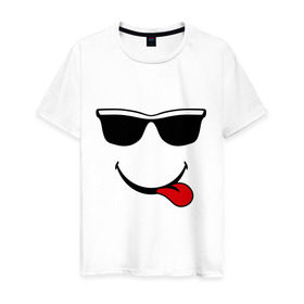 Мужская футболка хлопок с принтом Мы на позитиве (язык справа) в Кировске, 100% хлопок | прямой крой, круглый вырез горловины, длина до линии бедер, слегка спущенное плечо. | Тематика изображения на принте: smile | очки | парные | позитив | смайл