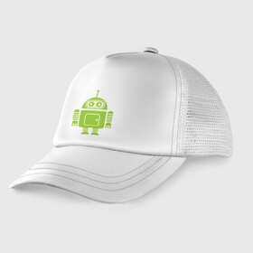 Детская кепка тракер с принтом Android-bender в Кировске, Козырек - 100% хлопок. Кепка - 100% полиэстер, Задняя часть - сетка | универсальный размер, пластиковая застёжка | админам | андроид | бендер | мультик | мультфильм | ос | робот | футурама