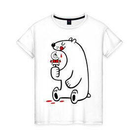 Женская футболка хлопок с принтом Белый медведь ест эскимоса в Кировске, 100% хлопок | прямой крой, круглый вырез горловины, длина до линии бедер, слегка спущенное плечо | белый медведь | белый медведь ест эскимоса | медведь | эскимос мороженное