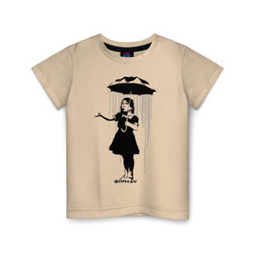 Детская футболка хлопок с принтом Girl in rain (Banksy) в Кировске, 100% хлопок | круглый вырез горловины, полуприлегающий силуэт, длина до линии бедер | Тематика изображения на принте: бэнкси | граффити | девочка | дождь | зонт