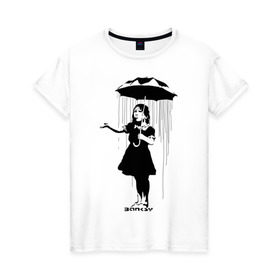 Женская футболка хлопок с принтом Girl in rain (Banksy) в Кировске, 100% хлопок | прямой крой, круглый вырез горловины, длина до линии бедер, слегка спущенное плечо | бэнкси | граффити | девочка | дождь | зонт
