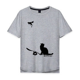 Мужская футболка хлопок Oversize с принтом Cat and supermouse (Banksy) в Кировске, 100% хлопок | свободный крой, круглый ворот, “спинка” длиннее передней части | бэнкси | граффити | киса | кот | котенок | котэ | кошка | мышка | супермышка