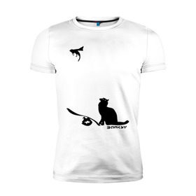 Мужская футболка премиум с принтом Cat and supermouse (Banksy) в Кировске, 92% хлопок, 8% лайкра | приталенный силуэт, круглый вырез ворота, длина до линии бедра, короткий рукав | Тематика изображения на принте: бэнкси | граффити | киса | кот | котенок | котэ | кошка | мышка | супермышка