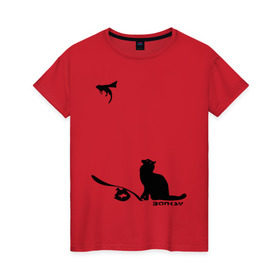Женская футболка хлопок с принтом Cat and supermouse (Banksy) в Кировске, 100% хлопок | прямой крой, круглый вырез горловины, длина до линии бедер, слегка спущенное плечо | бэнкси | граффити | киса | кот | котенок | котэ | кошка | мышка | супермышка