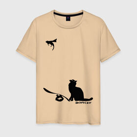 Мужская футболка хлопок с принтом Cat and supermouse (Banksy) в Кировске, 100% хлопок | прямой крой, круглый вырез горловины, длина до линии бедер, слегка спущенное плечо. | бэнкси | граффити | киса | кот | котенок | котэ | кошка | мышка | супермышка