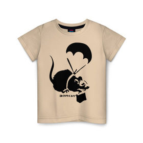 Детская футболка хлопок с принтом Parachute rat (Banksy) в Кировске, 100% хлопок | круглый вырез горловины, полуприлегающий силуэт, длина до линии бедер | Тематика изображения на принте: бэнкси | граффити | грызун | мышь | парашют