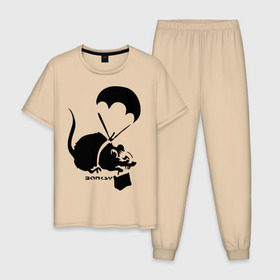 Мужская пижама хлопок с принтом Parachute rat (Banksy) в Кировске, 100% хлопок | брюки и футболка прямого кроя, без карманов, на брюках мягкая резинка на поясе и по низу штанин
 | бэнкси | граффити | грызун | мышь | парашют