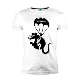 Мужская футболка премиум с принтом Rat with parachute (Banksy) в Кировске, 92% хлопок, 8% лайкра | приталенный силуэт, круглый вырез ворота, длина до линии бедра, короткий рукав | бэнкси | граффити | грызун | животные | хомяк с парашютом
