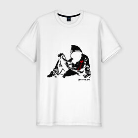 Мужская футболка премиум с принтом Раненый парень (Banksy) в Кировске, 92% хлопок, 8% лайкра | приталенный силуэт, круглый вырез ворота, длина до линии бедра, короткий рукав | бэнкси | граффити | кровь | парень | рана | силуэт