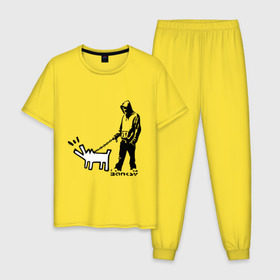 Мужская пижама хлопок с принтом Парень с собакой (Banksy) в Кировске, 100% хлопок | брюки и футболка прямого кроя, без карманов, на брюках мягкая резинка на поясе и по низу штанин
 | Тематика изображения на принте: dog | бэнкси | граффити | собака
