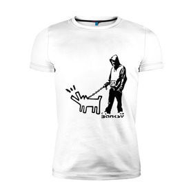 Мужская футболка премиум с принтом Парень с собакой (Banksy) в Кировске, 92% хлопок, 8% лайкра | приталенный силуэт, круглый вырез ворота, длина до линии бедра, короткий рукав | Тематика изображения на принте: dog | бэнкси | граффити | собака