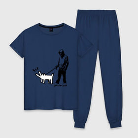 Женская пижама хлопок с принтом Парень с собакой (Banksy) в Кировске, 100% хлопок | брюки и футболка прямого кроя, без карманов, на брюках мягкая резинка на поясе и по низу штанин | Тематика изображения на принте: dog | бэнкси | граффити | собака