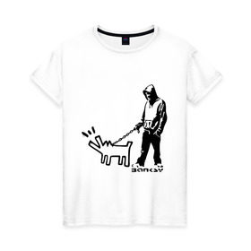 Женская футболка хлопок с принтом Парень с собакой (Banksy) в Кировске, 100% хлопок | прямой крой, круглый вырез горловины, длина до линии бедер, слегка спущенное плечо | dog | бэнкси | граффити | собака