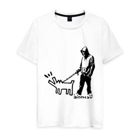 Мужская футболка хлопок с принтом Парень с собакой (Banksy) в Кировске, 100% хлопок | прямой крой, круглый вырез горловины, длина до линии бедер, слегка спущенное плечо. | dog | бэнкси | граффити | собака