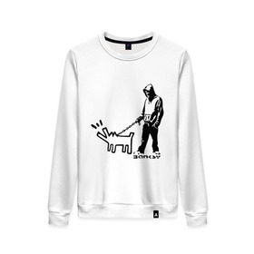 Женский свитшот хлопок с принтом Парень с собакой (Banksy) в Кировске, 100% хлопок | прямой крой, круглый вырез, на манжетах и по низу широкая трикотажная резинка  | Тематика изображения на принте: dog | бэнкси | граффити | собака