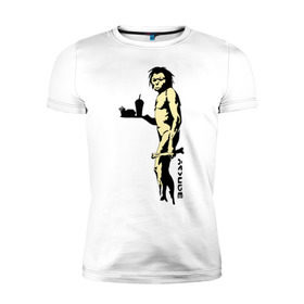 Мужская футболка премиум с принтом Древний человек Бэнкси в Кировске, 92% хлопок, 8% лайкра | приталенный силуэт, круглый вырез ворота, длина до линии бедра, короткий рукав | бэнкси | граффити | неандерталец | примат