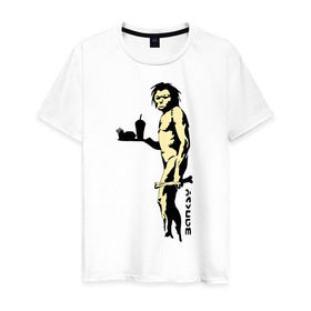 Мужская футболка хлопок с принтом Древний человек Бэнкси в Кировске, 100% хлопок | прямой крой, круглый вырез горловины, длина до линии бедер, слегка спущенное плечо. | Тематика изображения на принте: бэнкси | граффити | неандерталец | примат