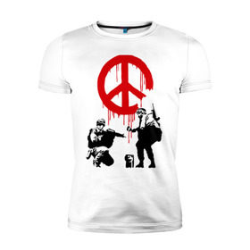 Мужская футболка премиум с принтом Peace Banksy в Кировске, 92% хлопок, 8% лайкра | приталенный силуэт, круглый вырез ворота, длина до линии бедра, короткий рукав | Тематика изображения на принте: бэнкси | граффити | люди | мир | оружие