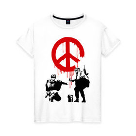 Женская футболка хлопок с принтом Peace Banksy в Кировске, 100% хлопок | прямой крой, круглый вырез горловины, длина до линии бедер, слегка спущенное плечо | Тематика изображения на принте: бэнкси | граффити | люди | мир | оружие
