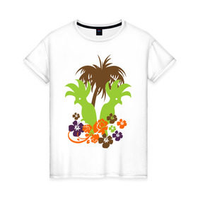 Женская футболка хлопок с принтом Попугаи в Кировске, 100% хлопок | прямой крой, круглый вырез горловины, длина до линии бедер, слегка спущенное плечо | деревья | лето | пальмы | птицы | цветы