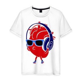 Мужская футболка хлопок с принтом Сердце в наушниках в Кировске, 100% хлопок | прямой крой, круглый вырез горловины, длина до линии бедер, слегка спущенное плечо. | в очках | музыка | плеер | слушать музыку