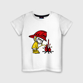 Детская футболка хлопок с принтом Пожарник в Кировске, 100% хлопок | круглый вырез горловины, полуприлегающий силуэт, длина до линии бедер | каска | мальчик | мчс | огонь | писает | пожар | профессии | спасение | тушить