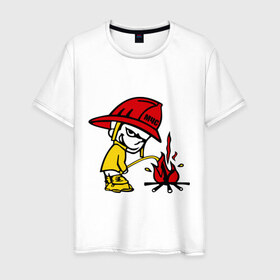 Мужская футболка хлопок с принтом Пожарник в Кировске, 100% хлопок | прямой крой, круглый вырез горловины, длина до линии бедер, слегка спущенное плечо. | каска | мальчик | мчс | огонь | писает | пожар | профессии | спасение | тушить