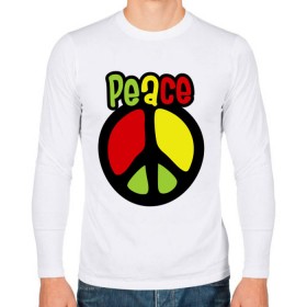 Мужской лонгслив хлопок с принтом Peace red, yellow, green в Кировске, 100% хлопок |  | reggae | мир | регги