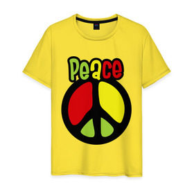 Мужская футболка хлопок с принтом Peace red, yellow, green в Кировске, 100% хлопок | прямой крой, круглый вырез горловины, длина до линии бедер, слегка спущенное плечо. | reggae | мир | регги