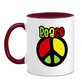 Кружка двухцветная с принтом Peace red, yellow, green в Кировске, керамика | объем — 330 мл, диаметр — 80 мм. Цветная ручка и кайма сверху, в некоторых цветах — вся внутренняя часть | Тематика изображения на принте: reggae | мир | регги