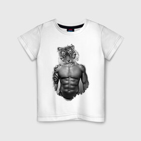 Детская футболка хлопок с принтом Tiger power в Кировске, 100% хлопок | круглый вырез горловины, полуприлегающий силуэт, длина до линии бедер | голова животного | тело человека | тигр с телом человека | человек с головой тигра