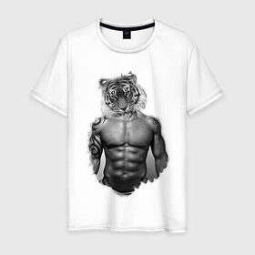 Мужская футболка хлопок с принтом Tiger power в Кировске, 100% хлопок | прямой крой, круглый вырез горловины, длина до линии бедер, слегка спущенное плечо. | голова животного | тело человека | тигр с телом человека | человек с головой тигра