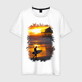 Мужская футболка хлопок с принтом Summer surfing в Кировске, 100% хлопок | прямой крой, круглый вырез горловины, длина до линии бедер, слегка спущенное плечо. | летние | лето | море | на лето | океан | пляж | серфинг