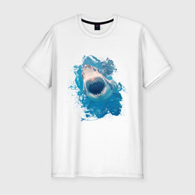 Мужская футболка премиум с принтом Акула watercolor в Кировске, 92% хлопок, 8% лайкра | приталенный силуэт, круглый вырез ворота, длина до линии бедра, короткий рукав | 