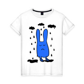 Женская футболка хлопок с принтом Грустный заяц в Кировске, 100% хлопок | прямой крой, круглый вырез горловины, длина до линии бедер, слегка спущенное плечо | грустный заяц | дождь | животные | зайчик | заяц | облака