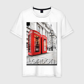 Мужская футболка хлопок с принтом Телефонные будки Лондона в Кировске, 100% хлопок | прямой крой, круглый вырез горловины, длина до линии бедер, слегка спущенное плечо. | лондон