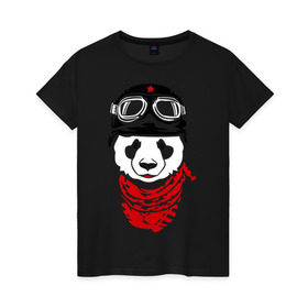 Женская футболка хлопок с принтом Панда байкер в Кировске, 100% хлопок | прямой крой, круглый вырез горловины, длина до линии бедер, слегка спущенное плечо | Тематика изображения на принте: panda | медведь | медвежонок | мишка | мотоциклист | шлем
