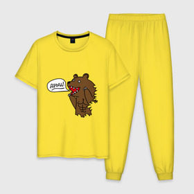 Мужская пижама хлопок с принтом Медведь качок (дрищ) в Кировске, 100% хлопок | брюки и футболка прямого кроя, без карманов, на брюках мягкая резинка на поясе и по низу штанин
 | дрищ | интернет прикол | качалка | мусклы | мышцы | пресс | силовой спорт
