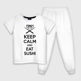 Детская пижама хлопок с принтом Keep calm and eat sushi в Кировске, 100% хлопок |  брюки и футболка прямого кроя, без карманов, на брюках мягкая резинка на поясе и по низу штанин
 | keep calm and eat sushi | sushi | палочки | палочки для суши | роллы | ролы | суши