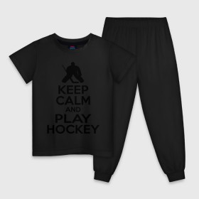 Детская пижама хлопок с принтом Keep calm and play hockey в Кировске, 100% хлопок |  брюки и футболка прямого кроя, без карманов, на брюках мягкая резинка на поясе и по низу штанин
 | Тематика изображения на принте: hockey | keep calm | keep calm and play hockey | вратарь | хоккеист | хоккей | хоккейный вратарь