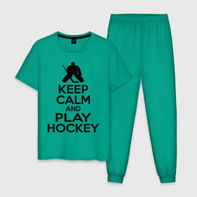 Мужская пижама хлопок с принтом Keep calm and play hockey в Кировске, 100% хлопок | брюки и футболка прямого кроя, без карманов, на брюках мягкая резинка на поясе и по низу штанин
 | Тематика изображения на принте: hockey | keep calm | keep calm and play hockey | вратарь | хоккеист | хоккей | хоккейный вратарь