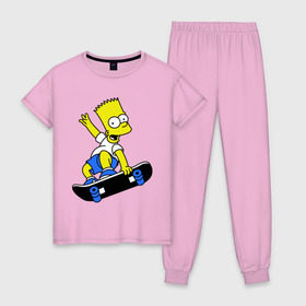 Женская пижама хлопок с принтом Барт на скейте в Кировске, 100% хлопок | брюки и футболка прямого кроя, без карманов, на брюках мягкая резинка на поясе и по низу штанин | simpsons | барт симпсон | мультфильмы | симпсоны