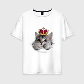 Женская футболка хлопок Oversize с принтом Pretty kitten в Кировске, 100% хлопок | свободный крой, круглый ворот, спущенный рукав, длина до линии бедер
 | kitten | meow | meow kitten | киса | корона | корона на голове кота | кот | кот с короной | котик | котэ | котяра | кошка | прикольный кот