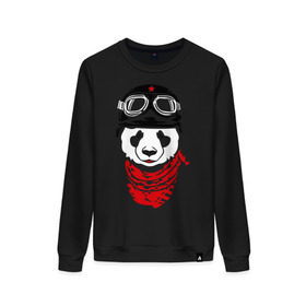 Женский свитшот хлопок с принтом Панда байкер в Кировске, 100% хлопок | прямой крой, круглый вырез, на манжетах и по низу широкая трикотажная резинка  | Тематика изображения на принте: panda biker | панда в шлеме | панда на байке