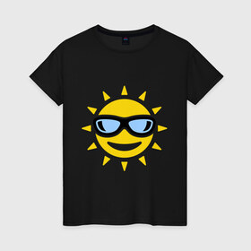 Женская футболка хлопок с принтом Солнышко в очках в Кировске, 100% хлопок | прямой крой, круглый вырез горловины, длина до линии бедер, слегка спущенное плечо | smile | смайлики | смайлы | солнце | улыбка
