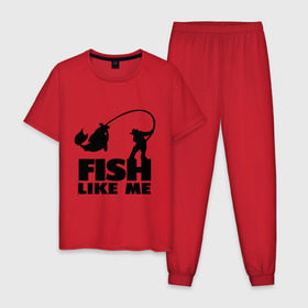 Мужская пижама хлопок с принтом Fish like me. в Кировске, 100% хлопок | брюки и футболка прямого кроя, без карманов, на брюках мягкая резинка на поясе и по низу штанин
 | Тематика изображения на принте: для рыбаков | рыба меня любит | рыбакам | рыбалка