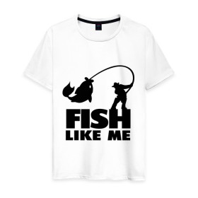 Мужская футболка хлопок с принтом Fish like me. в Кировске, 100% хлопок | прямой крой, круглый вырез горловины, длина до линии бедер, слегка спущенное плечо. | Тематика изображения на принте: для рыбаков | рыба меня любит | рыбакам | рыбалка
