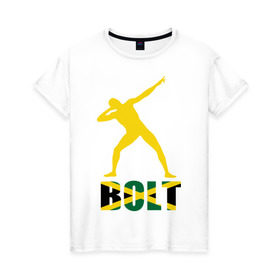 Женская футболка хлопок с принтом Усейн Болт в Кировске, 100% хлопок | прямой крой, круглый вырез горловины, длина до линии бедер, слегка спущенное плечо | бегун | легкая атлетика | легкоатлет | спорт | спортсмен