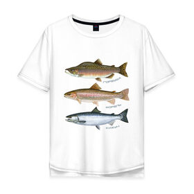 Мужская футболка хлопок Oversize с принтом Лососевые в Кировске, 100% хлопок | свободный крой, круглый ворот, “спинка” длиннее передней части | горбуша | кижуч | рыба | рыбалка | рыбачить | туризм | туристические | туристу | улов | форель