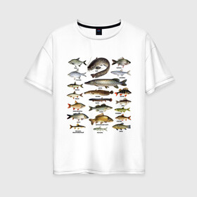 Женская футболка хлопок Oversize с принтом Популярные виды рыб в Кировске, 100% хлопок | свободный крой, круглый ворот, спущенный рукав, длина до линии бедер
 | рыба | рыбалка | рыбачить | туризм | туристические | туристу | улов